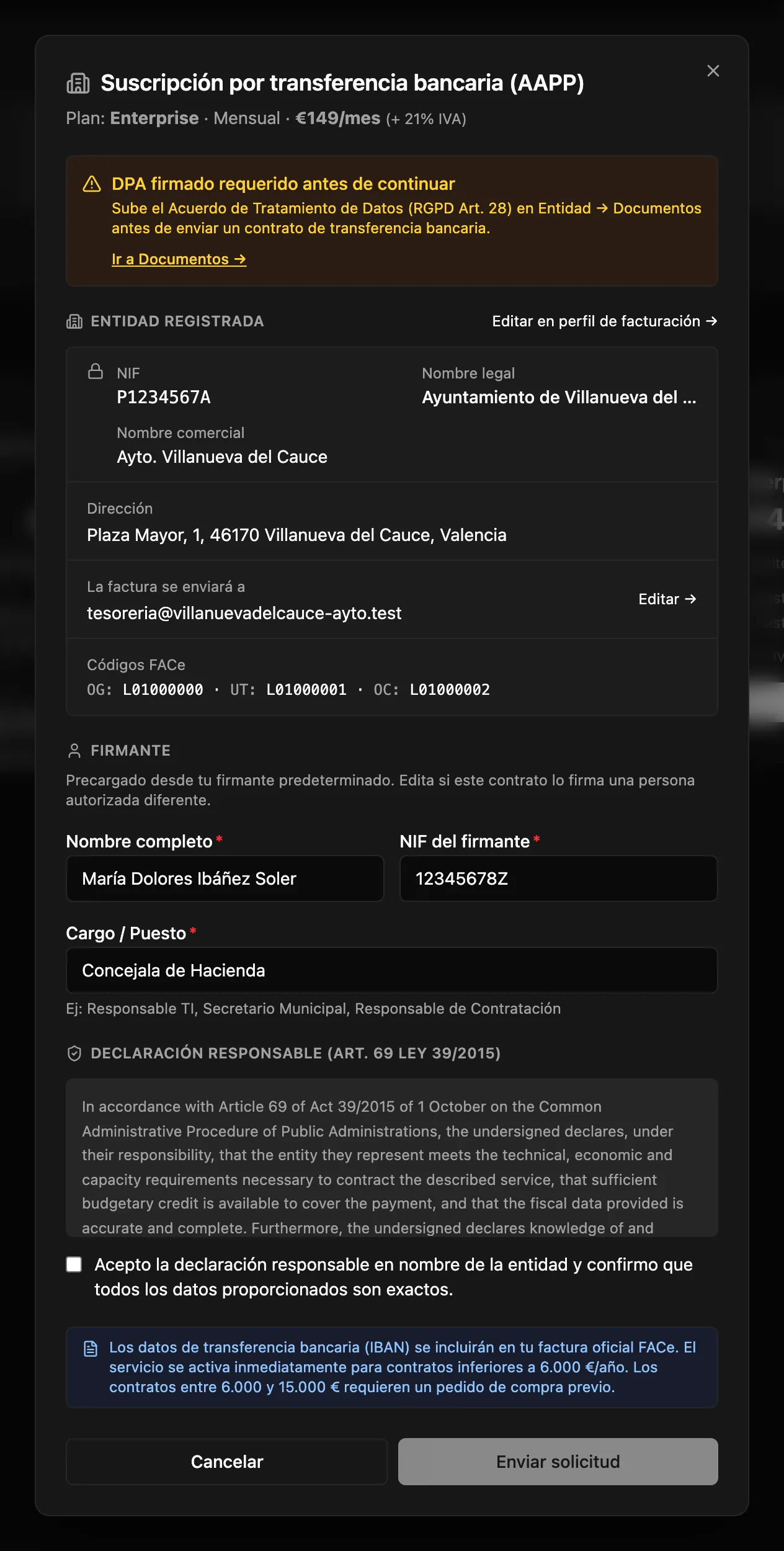 Suscripción por transferencia bancaria AAPP en OneSpace, con NIF, códigos FACe y declaración LCSP