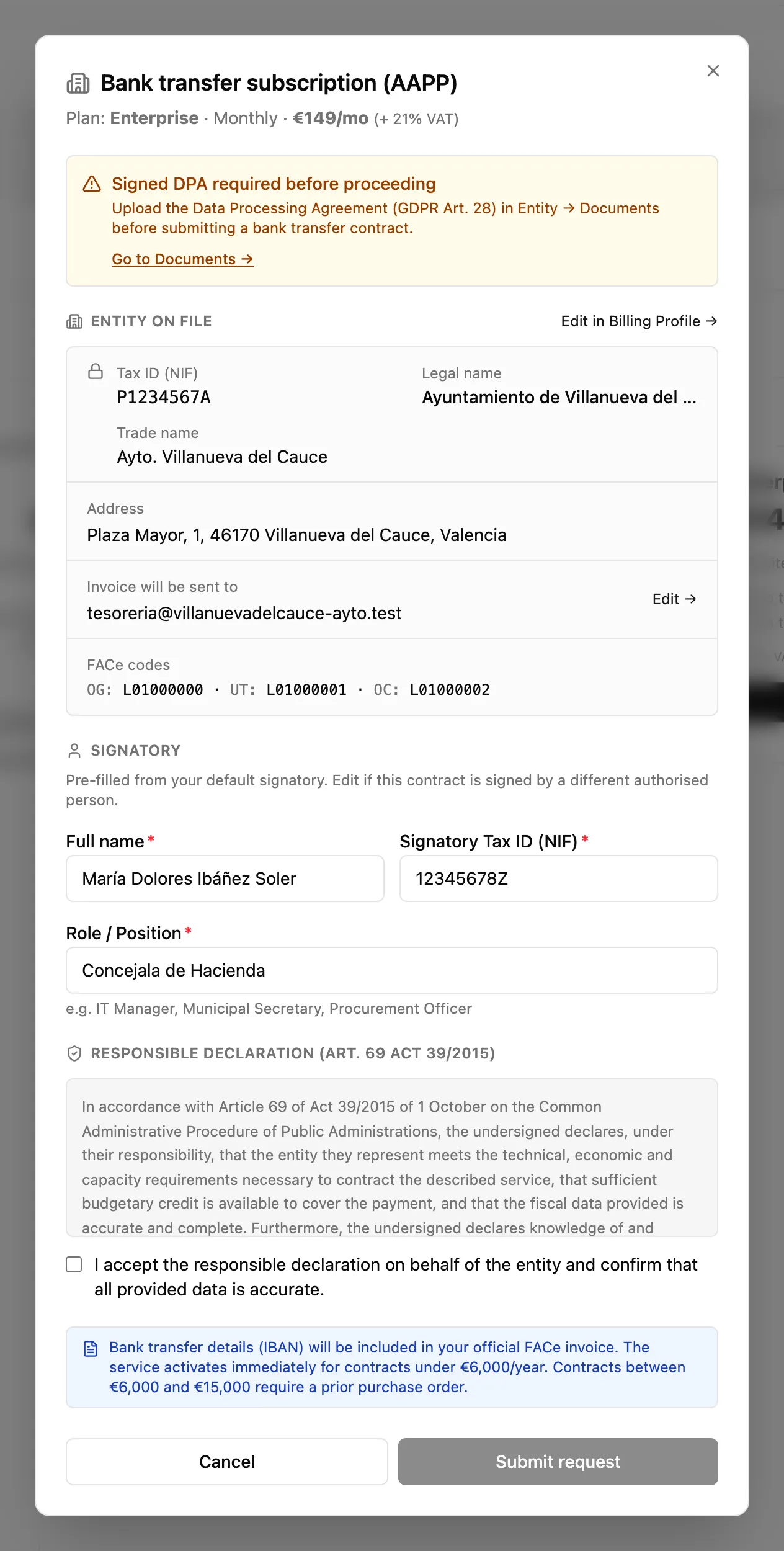 AAPP bank-transfer subscription in OneSpace, with tax ID, FACe codes and an LCSP declaration