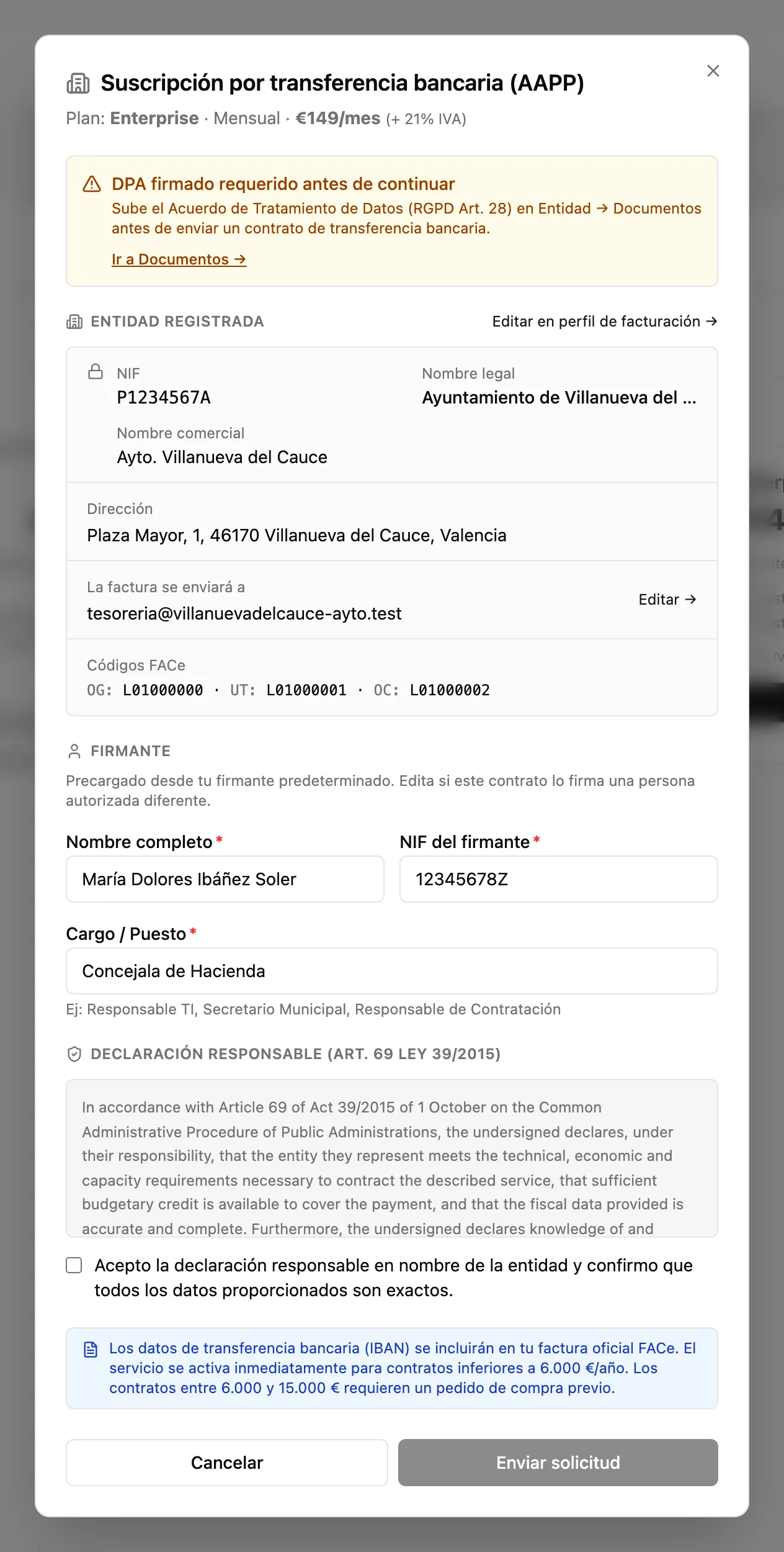 Suscripción por transferencia bancaria AAPP en OneSpace, con NIF, códigos FACe y declaración LCSP
