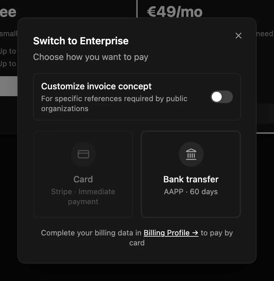 Choosing card as the payment method in OneSpace