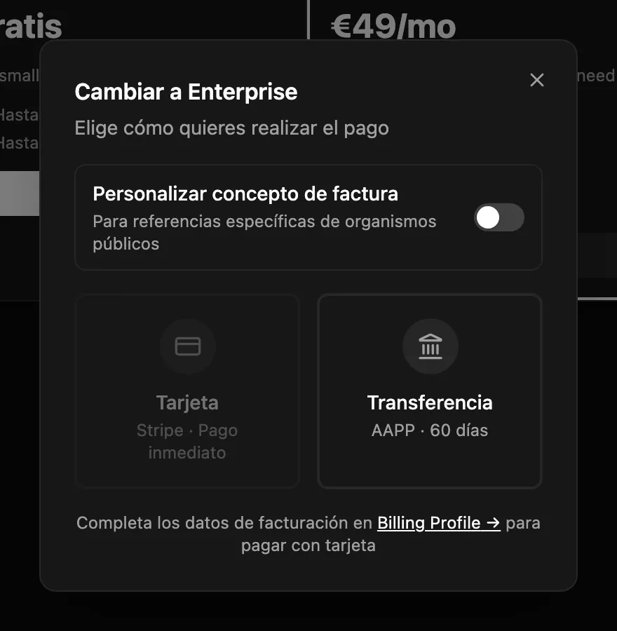Elección de método de pago con tarjeta en OneSpace