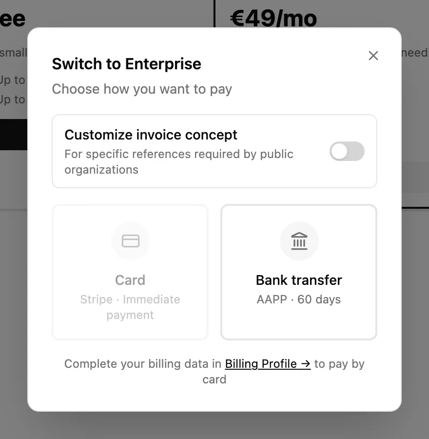 Choosing card as the payment method in OneSpace