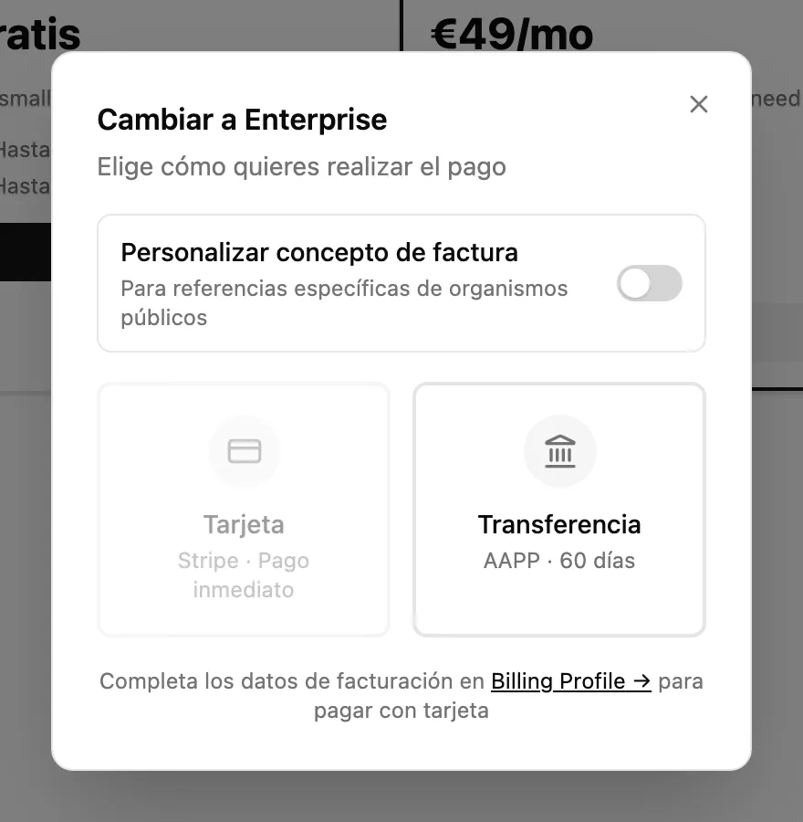 Elección de método de pago con tarjeta en OneSpace
