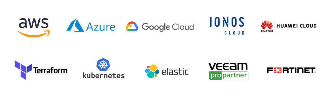 Logotipos de AWS, Azure, Google Cloud, IONOS, Huawei Cloud, Terraform, Kubernetes, Elastic, Veeam y Fortinet