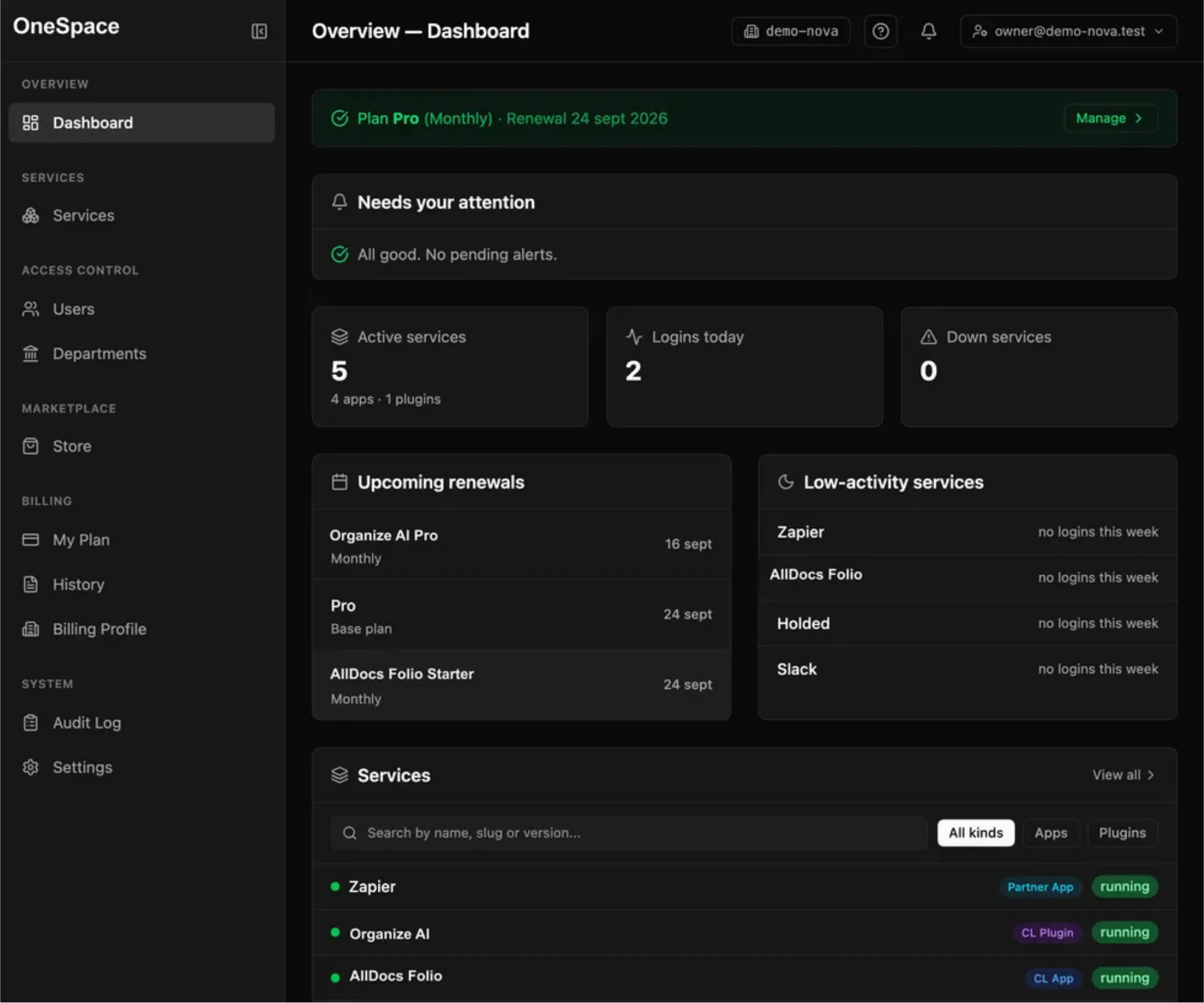 OneSpace's panel: services, users and store in one place