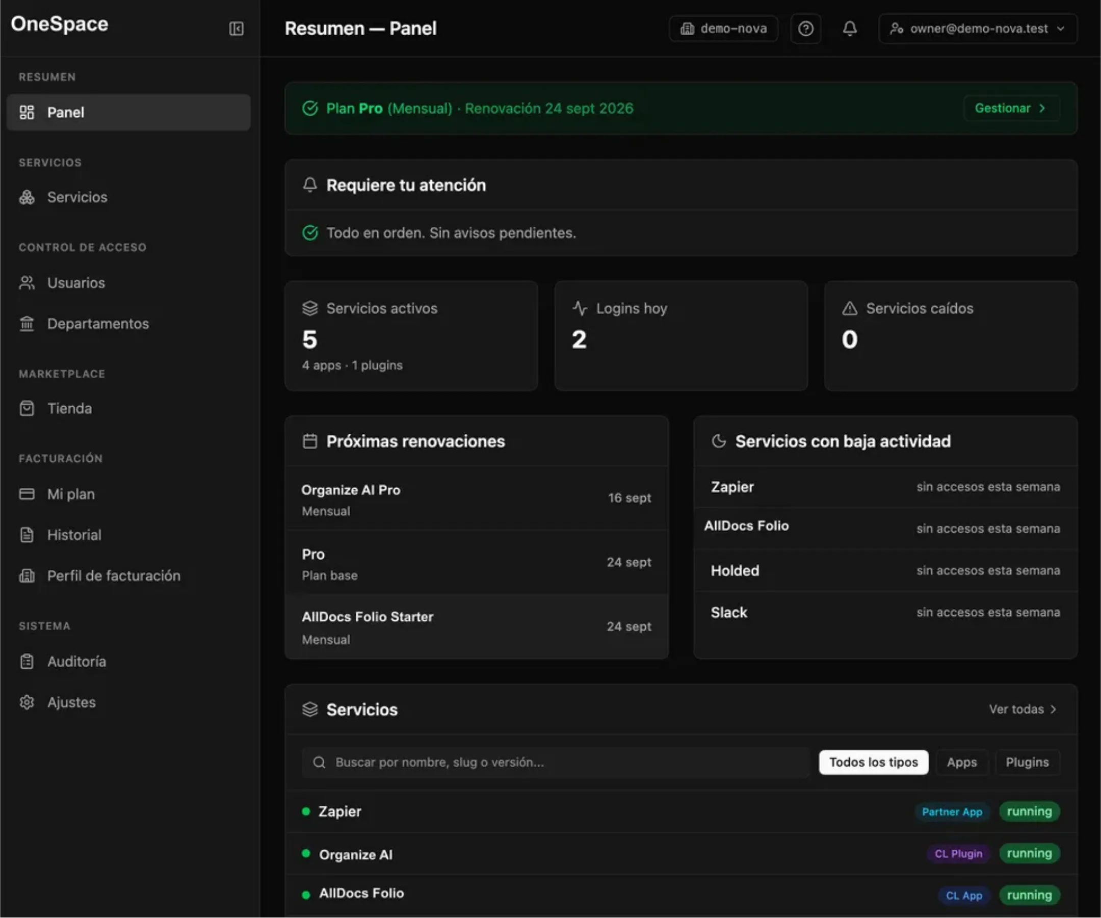 El panel de OneSpace: servicios, usuarios y tienda en un solo sitio