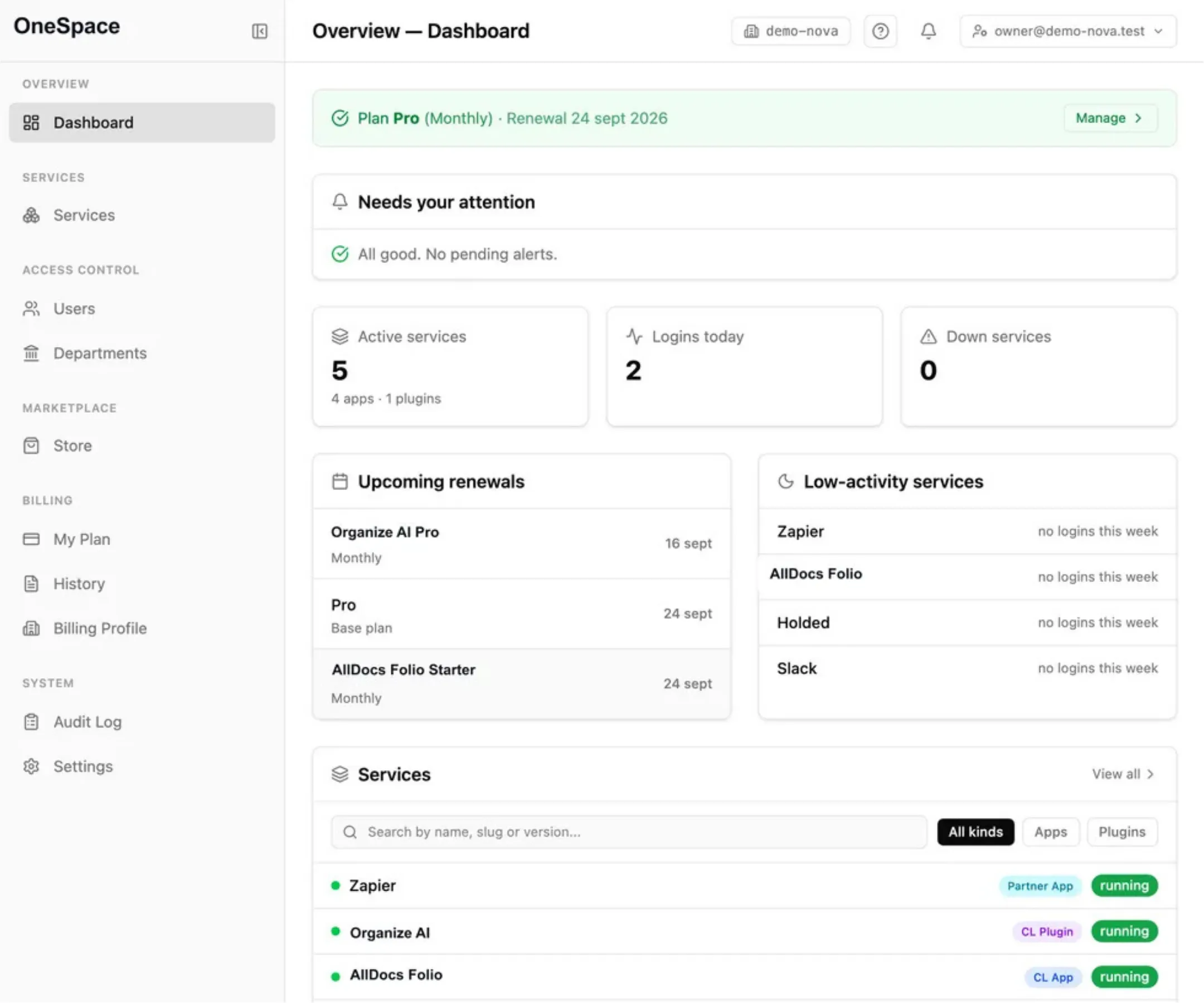 OneSpace's panel: services, users and store in one place