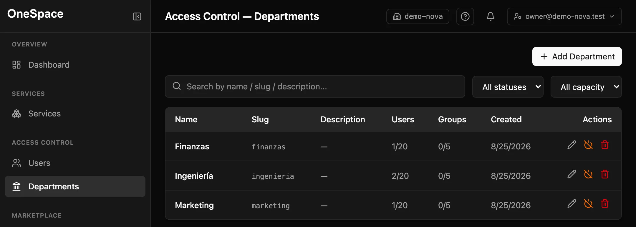 Setting up departments in OneSpace
