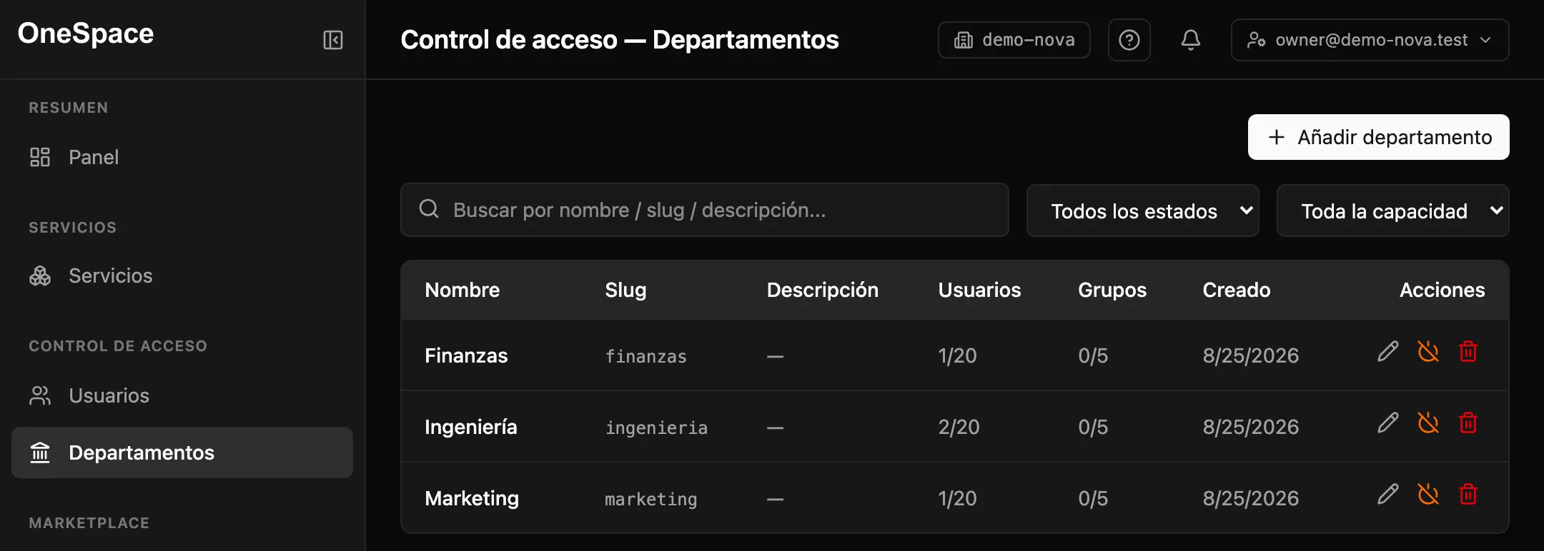 Configuración de departamentos en OneSpace