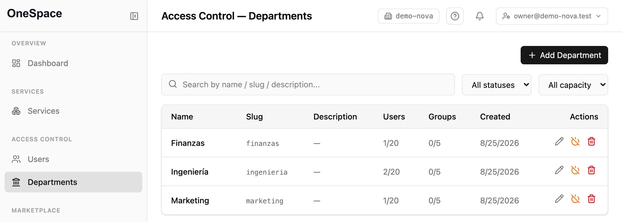 Setting up departments in OneSpace