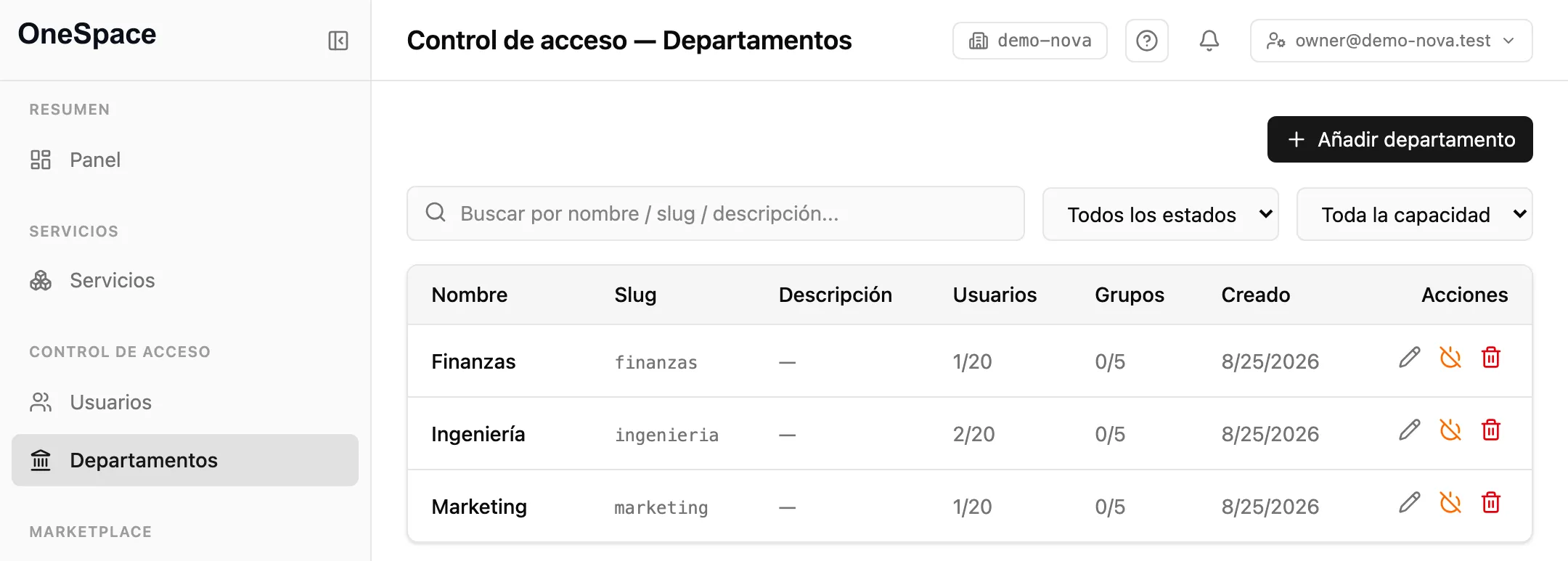 Configuración de departamentos en OneSpace