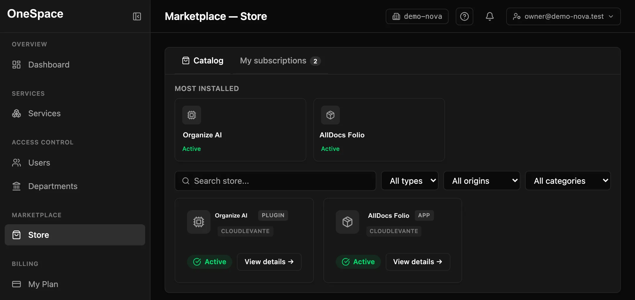 OneSpace's panel: services, users and store in one place