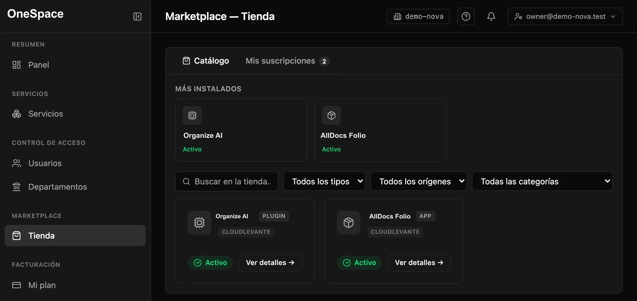 El panel de OneSpace: servicios, usuarios y tienda en un solo sitio