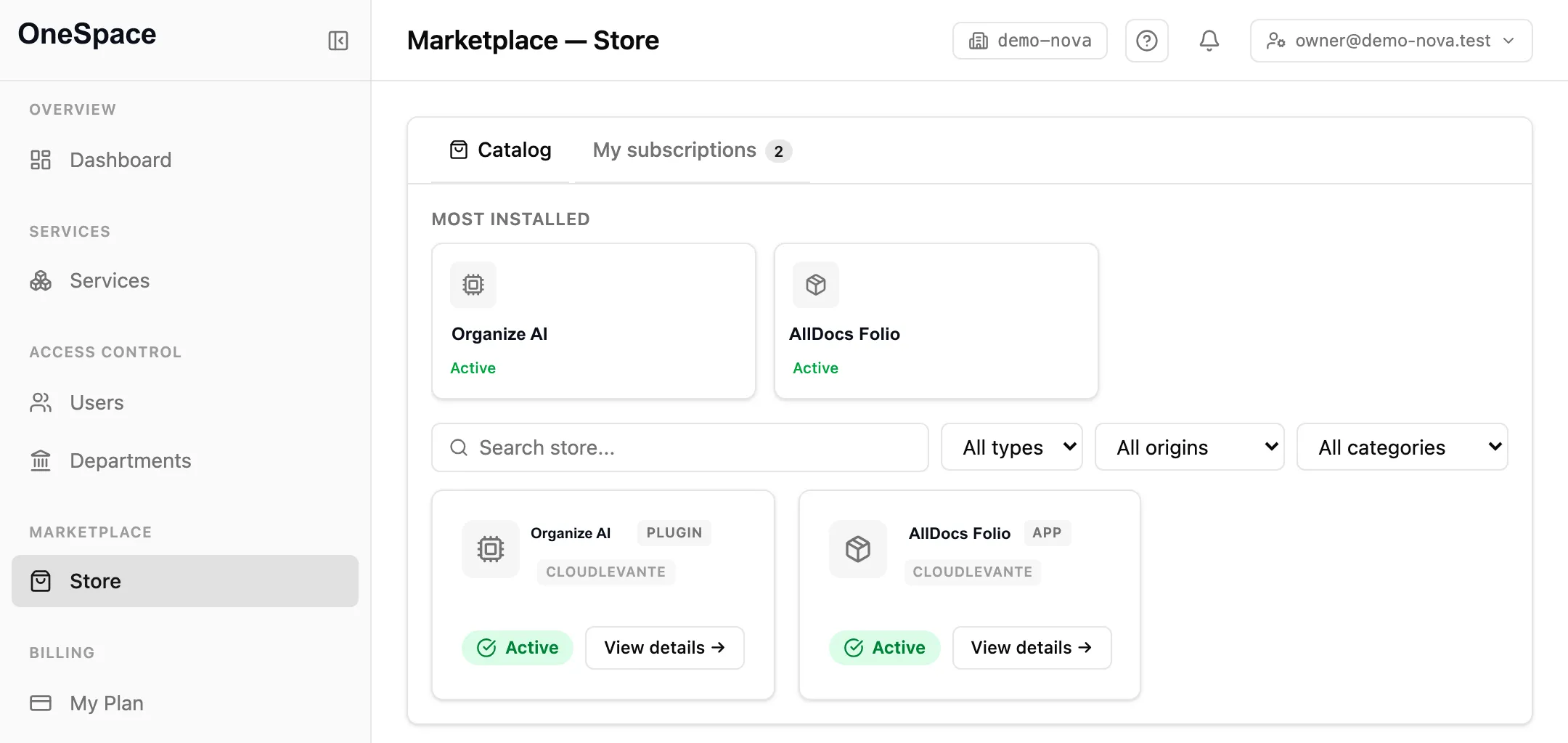 OneSpace's panel: services, users and store in one place