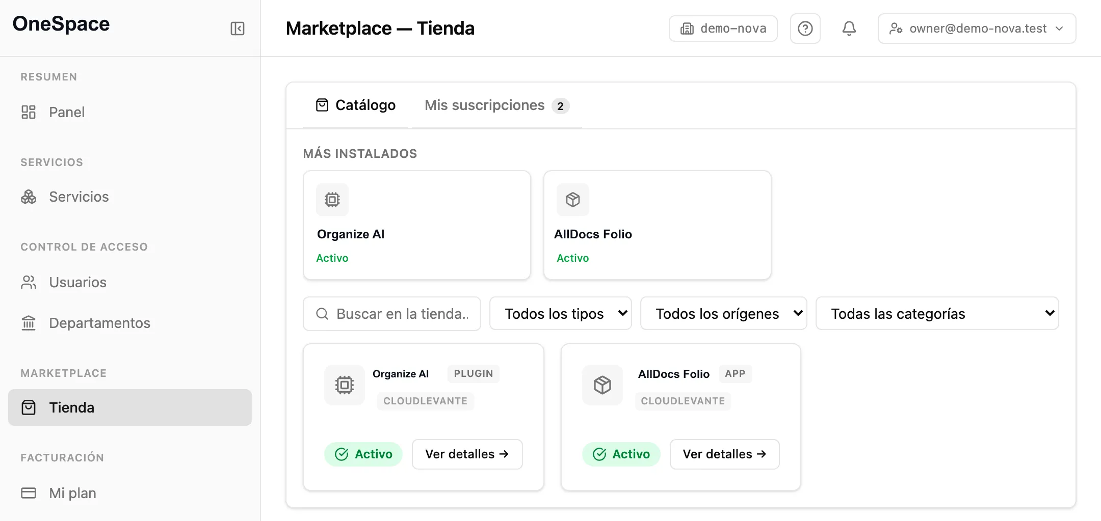 El panel de OneSpace: servicios, usuarios y tienda en un solo sitio