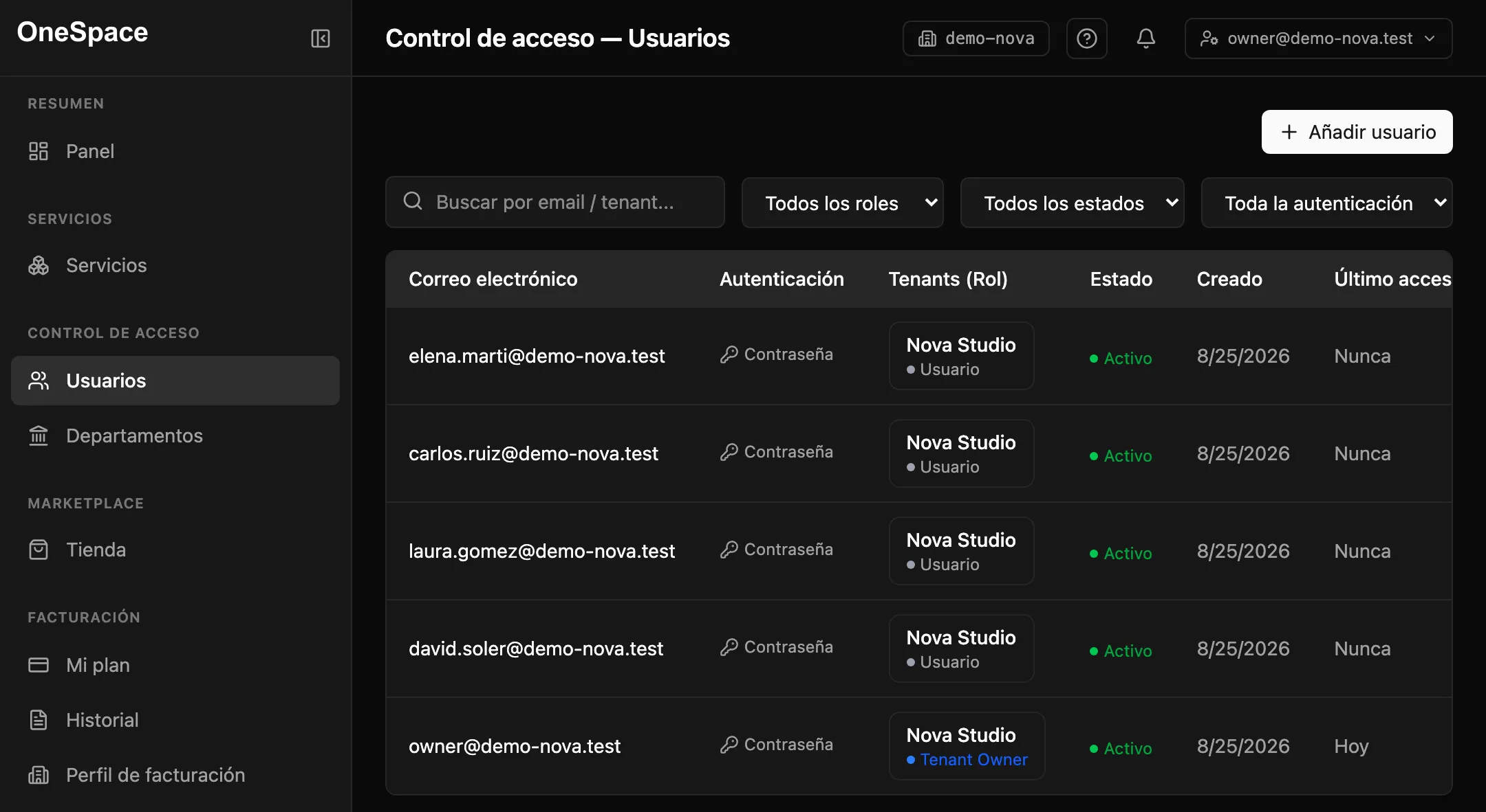 El panel de OneSpace: servicios, usuarios y tienda en un solo sitio